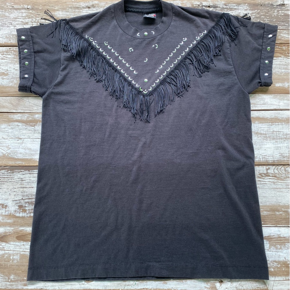 Vintage black fringe T-shirt, silver metal decoration, Large, southwest cowgirl